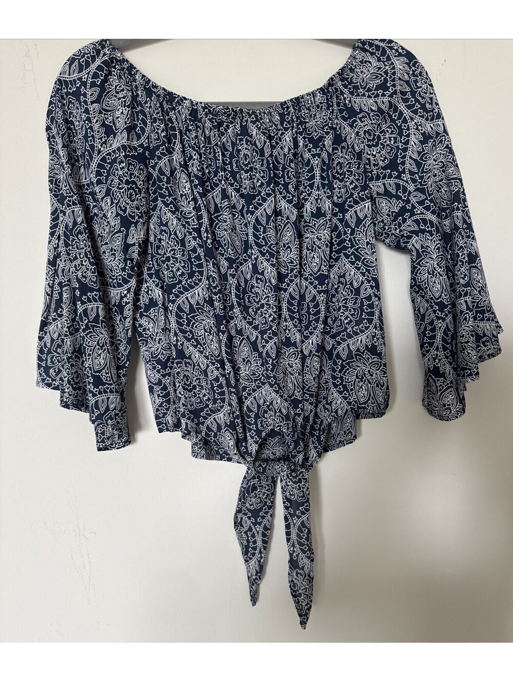 Elan Women’s Small Navy White Print TieFront Top Blouse Off Shoulder Bell Sleeve